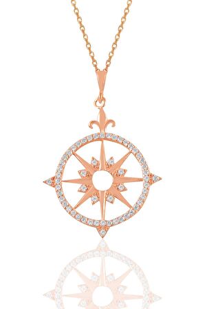 Gümüş rose zirkon taşlı kutup yıldızı pusula kolye
