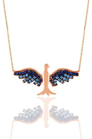Gümüş rose safir ve akuamarin taşlı simurg anka kuşu kolye