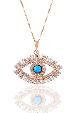 Gümüş rose turkuaz ve baget taşlı göz kolye