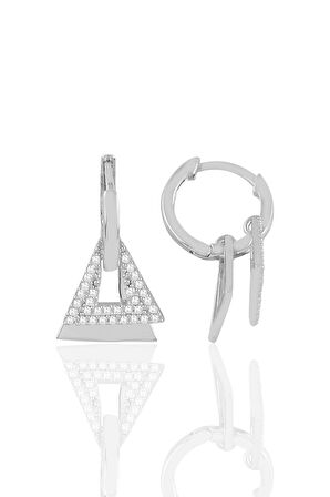 Gümüş rodyumlu zirkon taşlı piramit sallantılı halka küpe