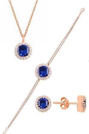 Gümüş rose zirkon ve  safir taşlı pırlanta modeli üçlü set