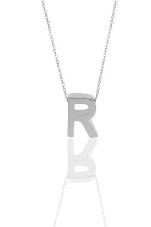 Gümüş rodyumlu üç boyutlu minimal R harf kolye