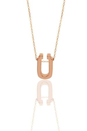 Gümüş rose üç boyutlu minimal  U  harf kolye