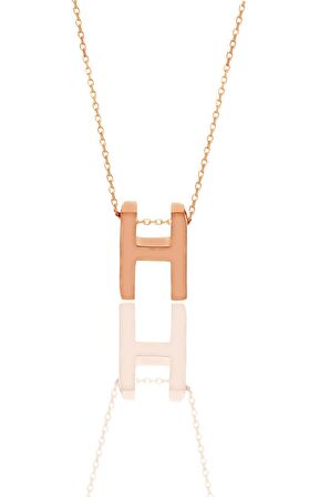 Gümüş rose üç boyutlu minimal H   harf kolye