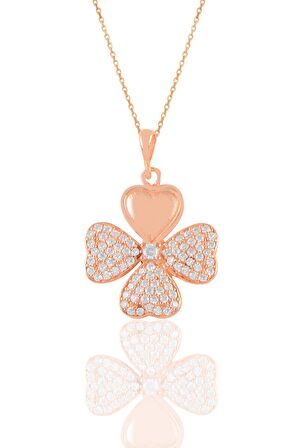 Gümüş rose zirkon taşlı dört yapraklı yonca kolye