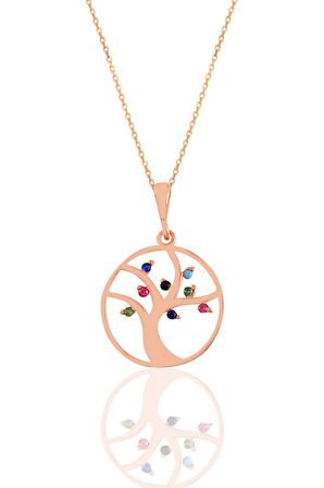 Gümüş rose  renkli taşlı ağaç kolye