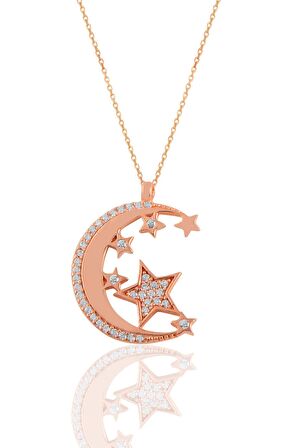 Gümüş rose zirkon taşlı ay ve yıldızlar kolye