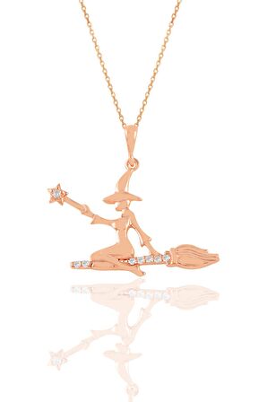 Gümüş rose zirkon taşlı süpürgeli cadı modeli  kolye 