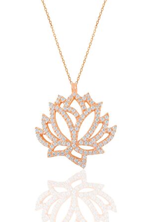 Gümüş rose zirkon taşlı lotus çiçeği kolye