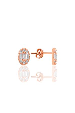 Gümüş rose zirkon baget taşlı oval küpe 