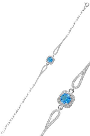 Gümüş rodyumlu  pırlanta modeli akuamarin zirkon taşlı kare  bileklik 