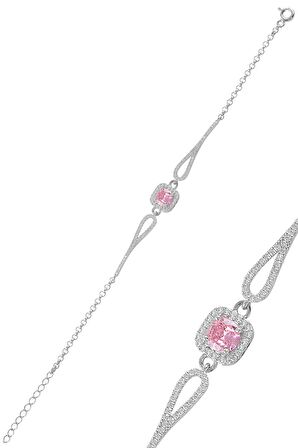 Gümüş rodyumlu pırlanta modeli pembe zirkon  taşlı  kare  bileklik 