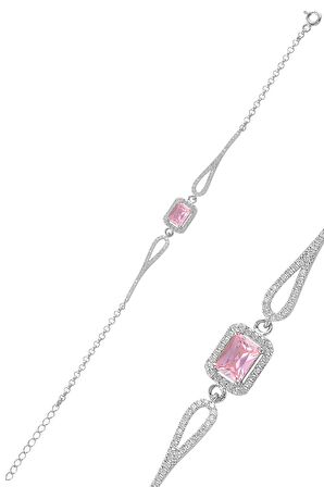 Gümüş rodyumlu pırlanta modeli pembe  zirkon taşlı  baget  bileklik 