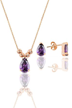 Gümüş rose ametis renkli dorica damla kolye ve çivi modeli küpe seti 