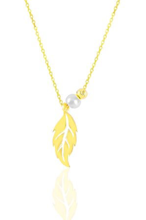 Gümüş altın yaldızlı incili yaprak kolye