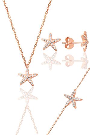 Gümüş rose zirkon taşlı deniz yıldızı üçlü set