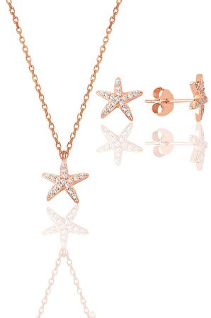 Gümüş rose zirkon taşlı deniz yıldızı kolye ve küpe ikili set