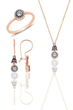 Gümüş rose elmas montürlü yuvarlak üçlü set…