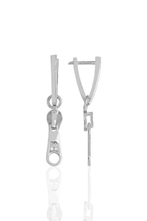 Gümüş rodyumlu zirkon taşlı özel tasarım fermuar v küpe