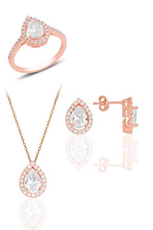 Gümüş rose zirkon taşlı damla modeli üçlü set