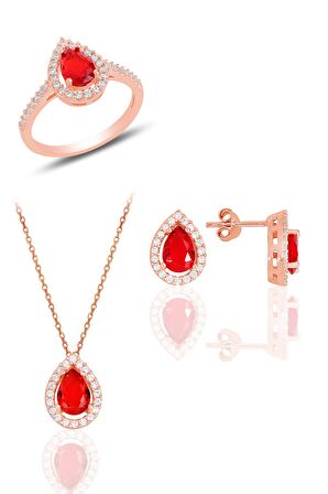 Gümüş rose kırmızı taşlı damla modeli üçlü set