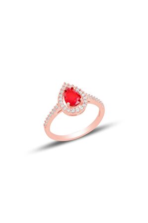 Gümüş rose kırmızı taşlı damla modeli üçlü set