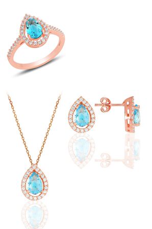 Gümüş rose akuamarin taşlı damla modeli üçlü set