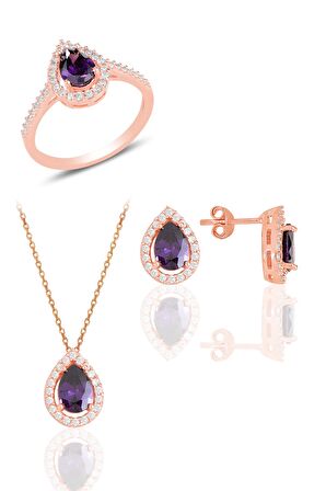 Gümüş rose ametis taşlı damla modeli üçlü set