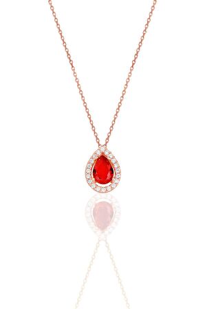 Gümüş rose kırmızı taşlı damla modeli kolye