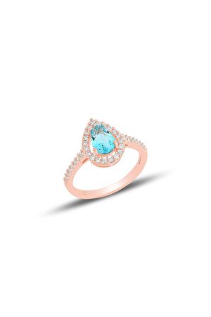 Gümüş rose akuamarin taşlı damla modeli yüzük