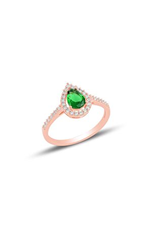 Gümüş rose kök zümrüt taşlı damla modeli yüzük