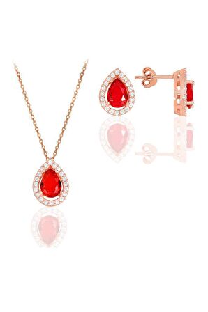 Gümüş rose kırmızı taşlı damla modeli ikili set