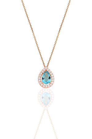 Gümüş rose akuamarin taşlı damla modeli ikili set