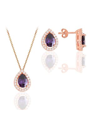 Gümüş rose ametis taşlı damla modeli ikili set