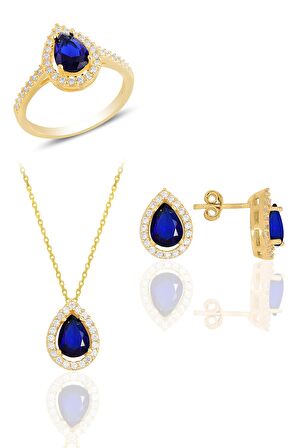 Gümüş altın yaldızlı safir taşlı damla modeli üçlü set