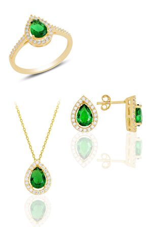 Gümüş altın yaldızlı kök zümrüt taşlı damla modeli üçlü set