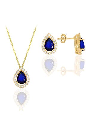 Gümüş altın yaldızlı safir taşlı damla modeli ikili set