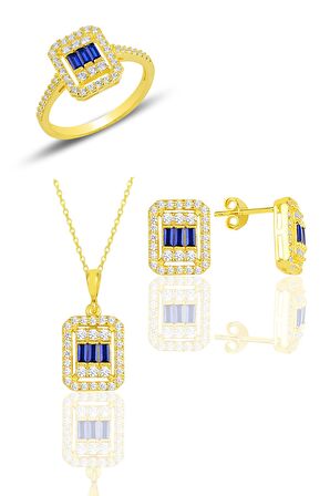 Gümüş  altın yaldızlı baget kesim safir taşlı çizgili üçlü set