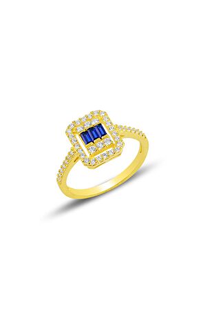 Gümüş  altın yaldızlı baget kesim safir taşlı çizgili üçlü set