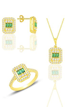 Gümüş  altın yaldızlı baget kesim kök zümrüt taşlı çizgili üçlü set