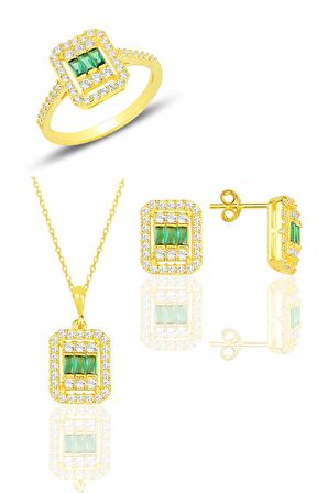 Gümüş  altın yaldızlı baget kesim kök zümrüt taşlı çizgili üçlü set