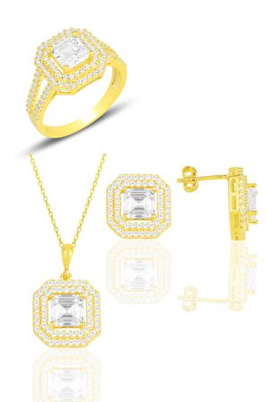 Gümüş altın yaldızlı özel tasarım baget kesim zirkon taşlı üçlü set