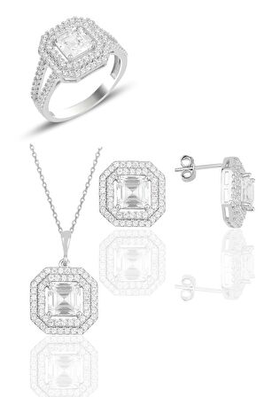 Gümüş rodyumlu özel tasarım baget kesim zirkon taşlı üçlü set