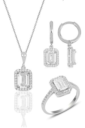 Gümüş rodyumlu baget taşlı üçlü set