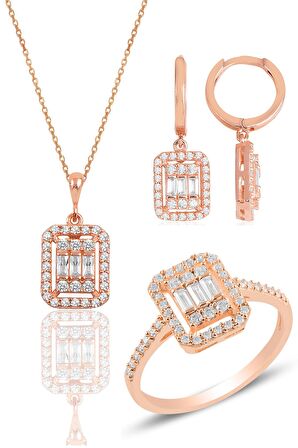 Gümüş rose baget taşlı çizgili üçlü set