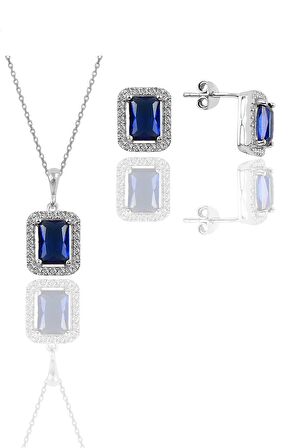 Gümüş rodyumlu safir taşlı baget kesim ikili set