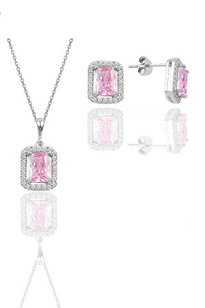 Gümüş rodyumlu pembe taşlı baget kesim ikili set