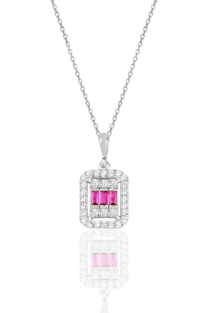 Gümüş beyaz altın rodyumlu baget kesim kök yakut taşlı çizgili kolye