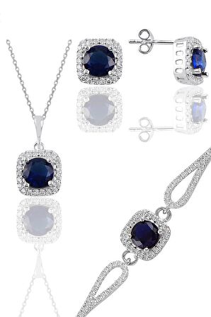 Gümüş rodyumlu safir taşlı kare kolye küpe ve bileklikten oluşan üçlü set