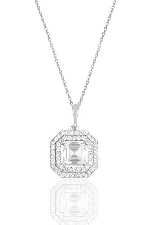 Gümüş rodyumlu özel tasarım baget kesim zirkon taşlı kolye